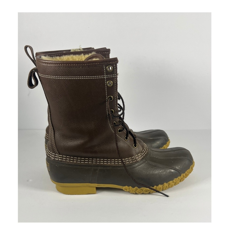 LL Bean Shearling Lined Bean Boots Mens 10M Brown Leather Duck Boots 1003580 USA